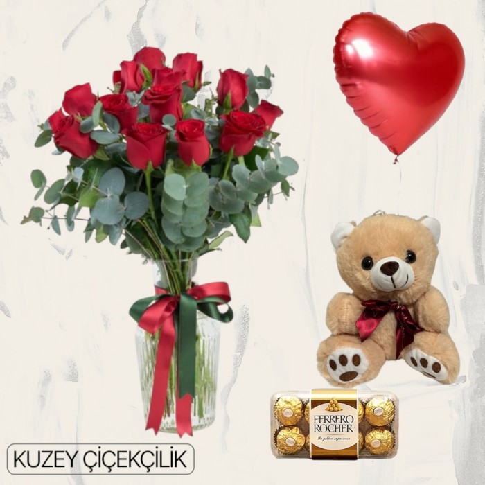 Vazoda 15 Kırmızı Gül Ayıcık 16lı Ferrero Çikolata Kalp Helyum Balon