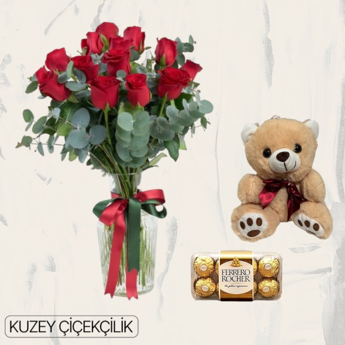 Vazoda 15 Kırmızı Gül Ayıcık 16lı Ferrero Çikolata