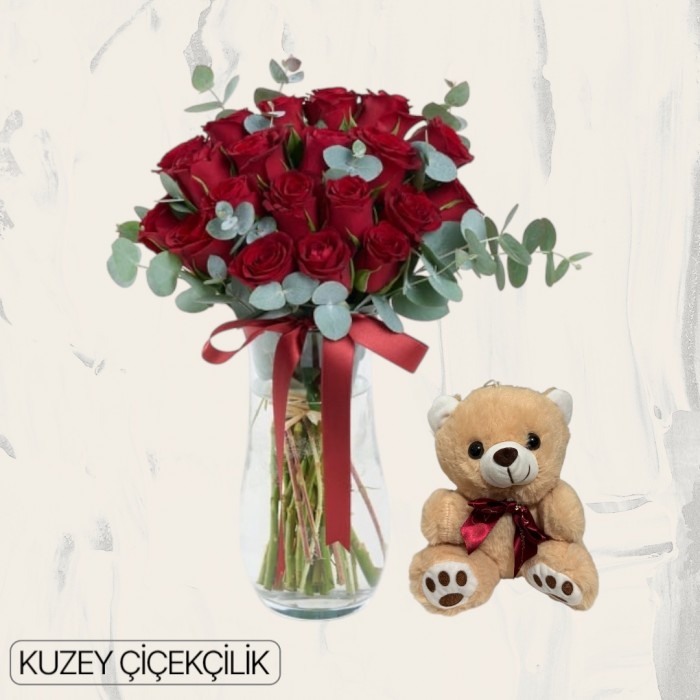 Vazoda 19 Kırmızı Gül Ayıcık