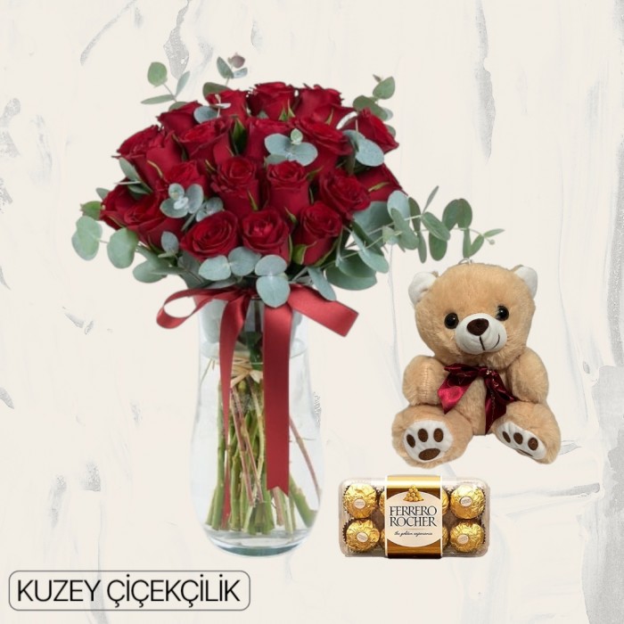 Vazoda 19 Kırmızı Gül Ayıcık 16lı Ferrero Çikolata