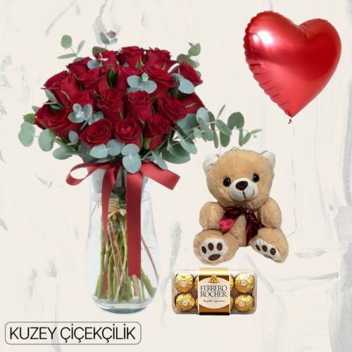 Vazoda 19 Kırmızı Gül Ayıcık 16'lı Ferrero Çikolata Kalp Helyum Balon