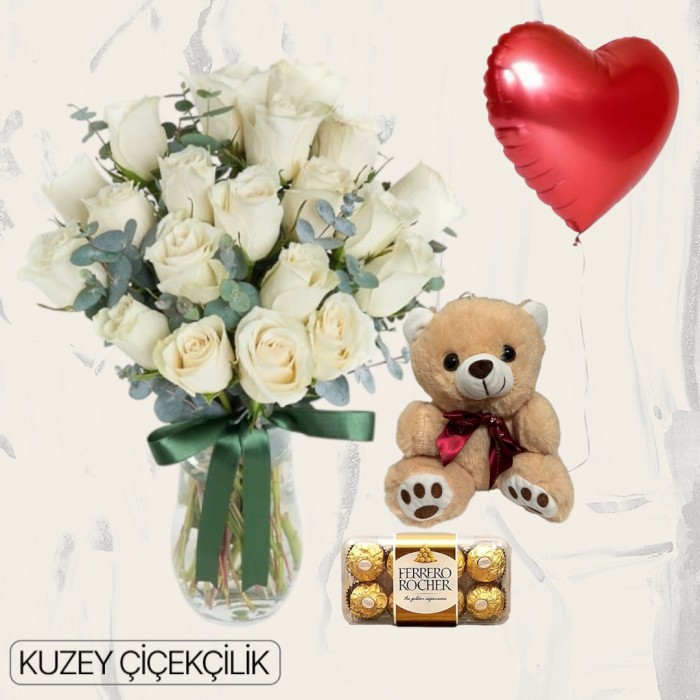 Vazoda 21 Beyaz Gül Ayıcık 16lı Ferrero Çikolata Kalp Helyum Balon