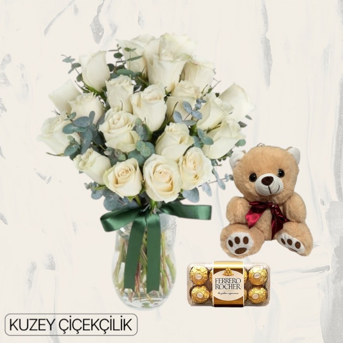Vazoda 21 Beyaz Gül Ayıcık 16lı Ferrero Çikolata