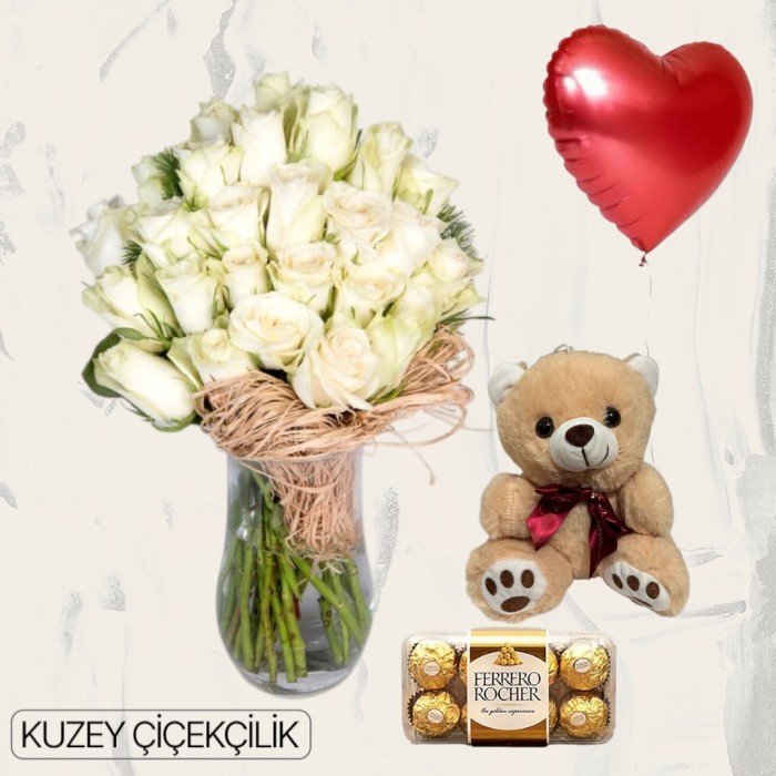 Vazoda 23 Beyaz Gül Ayıcık 16lı Ferrero Çikolata Kalp Helyum Balon