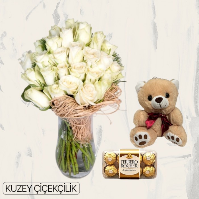 Vazoda 23 Beyaz Gül Ayıcık 16lı Ferrero Çikolata