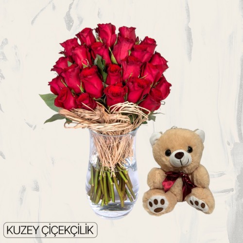 Vazoda 23 Kırmızı Gül Ayıcık