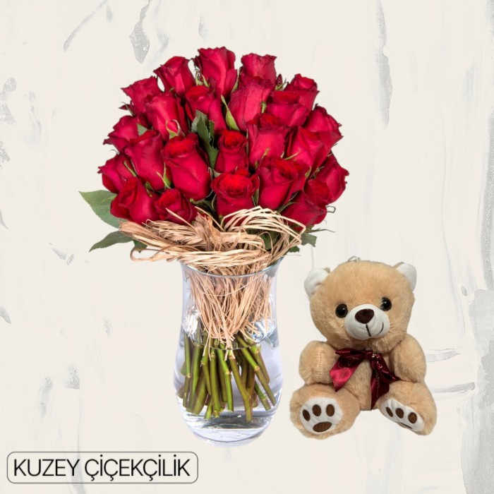 Vazoda 23 Kırmızı Gül Ayıcık