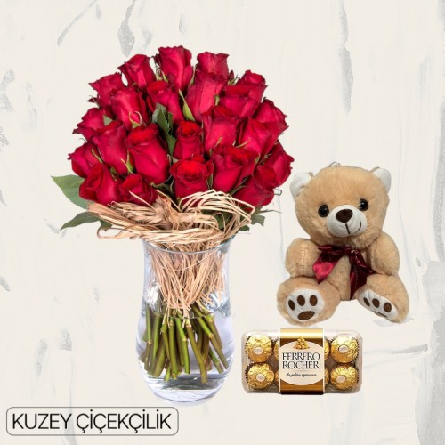 Vazoda 23 Kırmızı Gül Ayıcık 16'lı Ferrero Çikolata