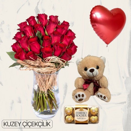 Vazoda 23 Kırmızı Gül Ayıcık 16'lı Ferrero Çikolata Kalp Helyum Balon