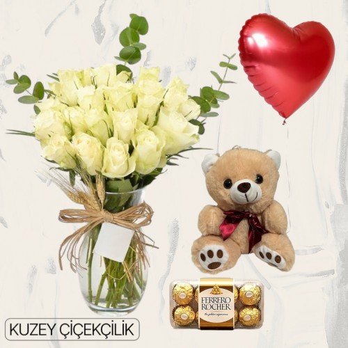 Vazoda 25 Beyaz Gül Ayıcık 16'lı Ferrero Çikolata Kalp Helyum Balon