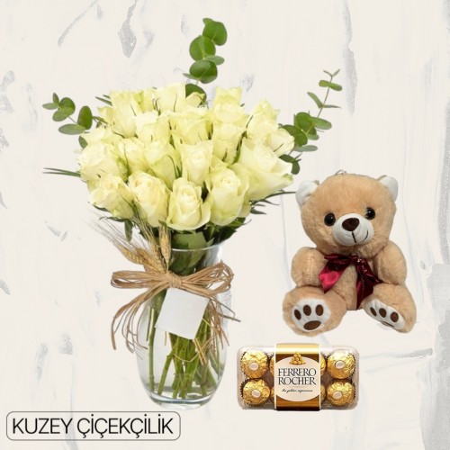 Vazoda 25 Beyaz Gül Ayıcık 16'lı Ferrero Çikolata