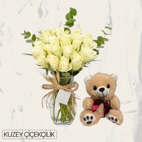 Vazoda 25 Beyaz Gül Ayıcık
