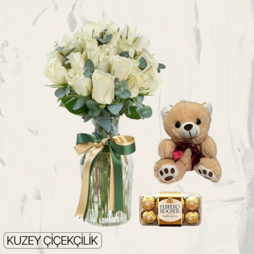 Vazoda 19 Beyaz Gül Ayıcık 16'lı Ferrero Çikolata