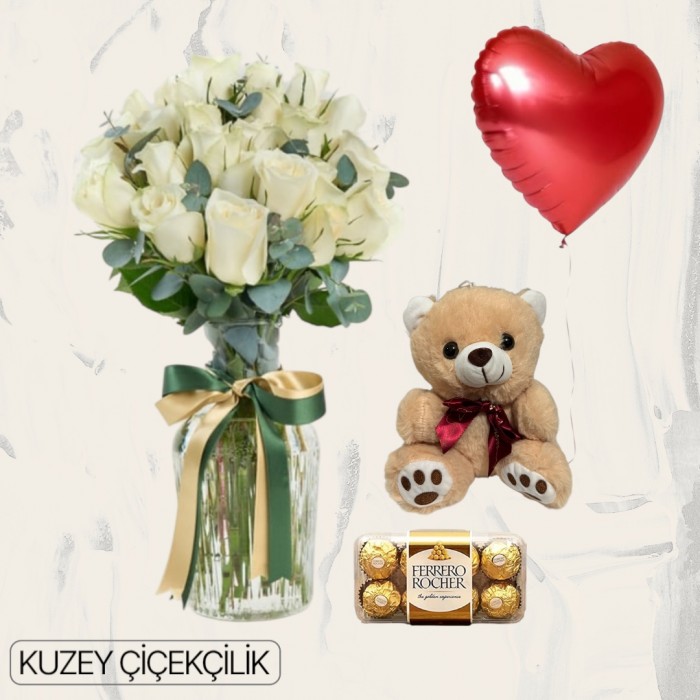 Vazoda 19 Beyaz Gül Ayıcık 16lı Ferrero Çikolata Kalp Helyum Balon