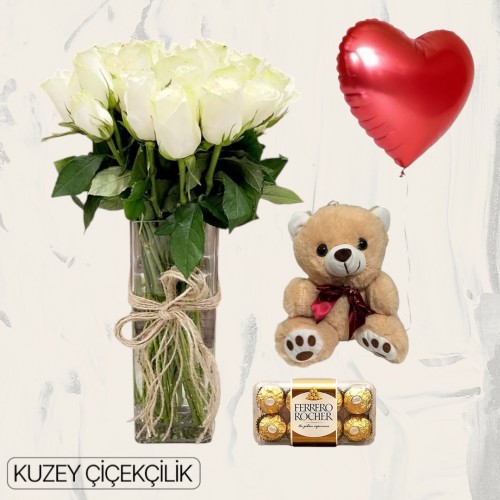 Vazoda 27 Beyaz Gül Ayıcık 16'lı Ferrero Çikolata Kalp Helyum Balon