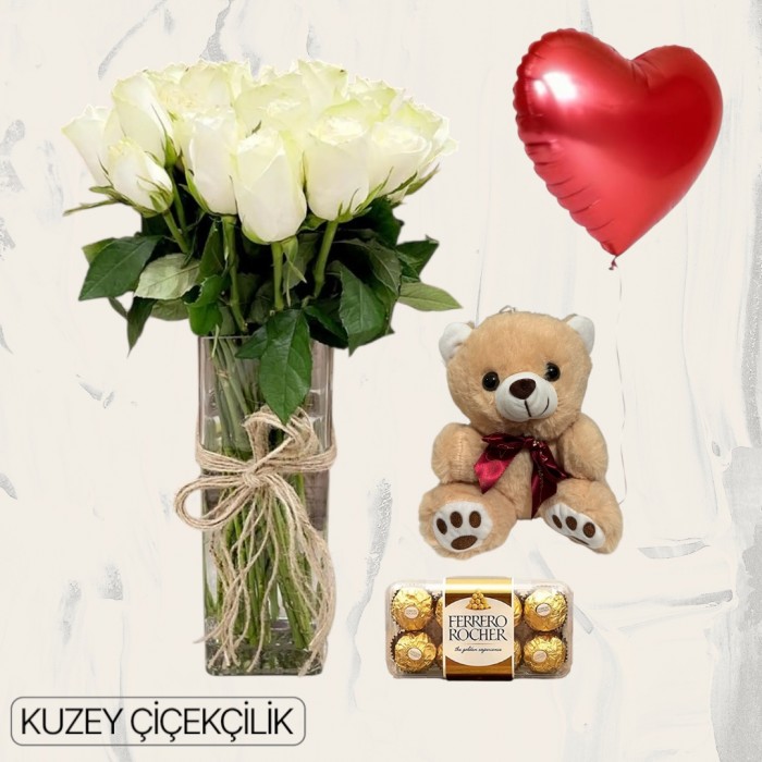 Vazoda 27 Beyaz Gül Ayıcık 16lı Ferrero Çikolata Kalp Helyum Balon