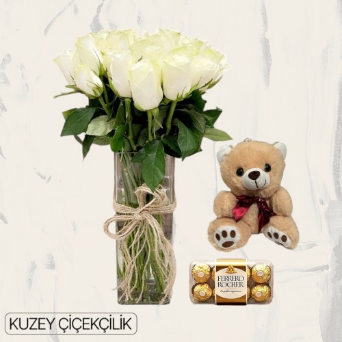 Vazoda 27 Beyaz Gül Ayıcık 16'lı Ferrero Çikolata