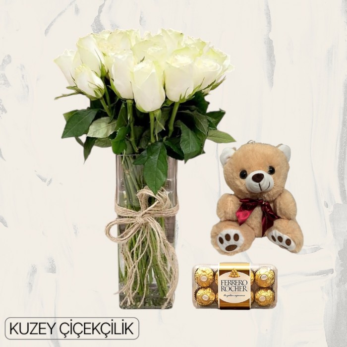 Vazoda 27 Beyaz Gül Ayıcık 16lı Ferrero Çikolata