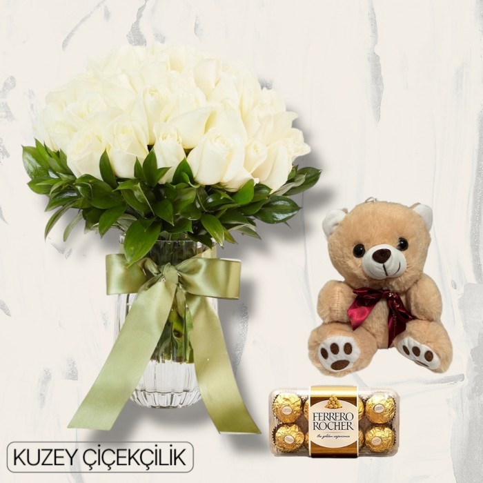 Vazoda 29 Beyaz Gül Ayıcık 16lı Ferrero Çikolata