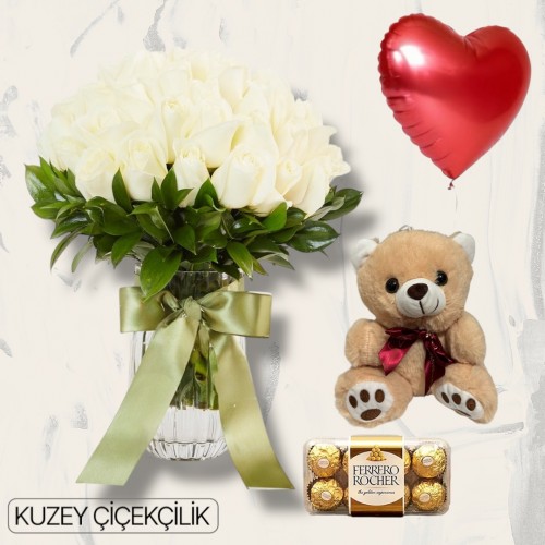 Vazoda 29 Beyaz Gül Ayıcık 16'lı Ferrero Çikolata Kalp Helyum Balon