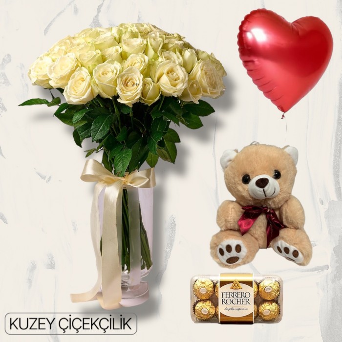 Vazoda 33 Beyaz Gül Ayıcık 16lı Ferrero Çikolata Kalp Helyum Balon