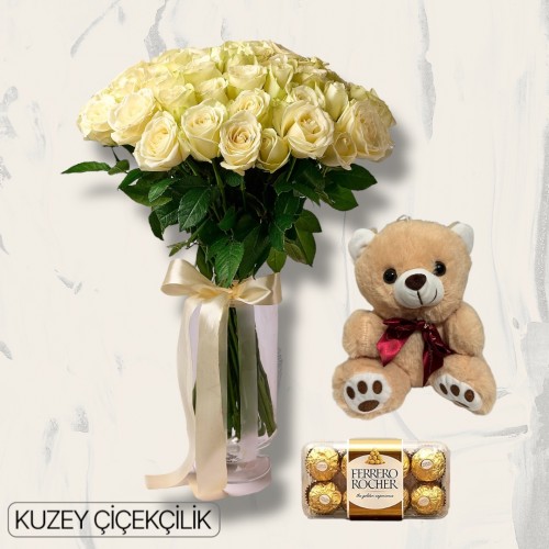 Vazoda 33 Beyaz Gül Ayıcık 16'lı Ferrero Çikolata