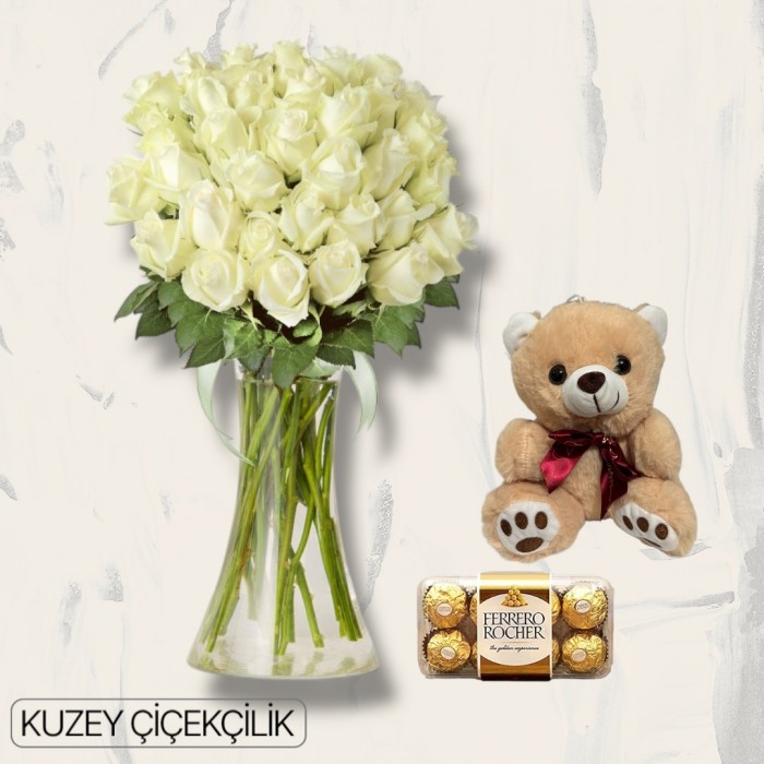 Vazoda 41 Beyaz Gül Ayıcık 16lı Ferrero Çikolata