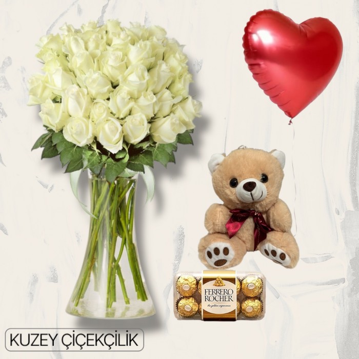 Vazoda 41 Beyaz Gül Ayıcık 16lı Ferrero Çikolata Kalp Helyum Balon