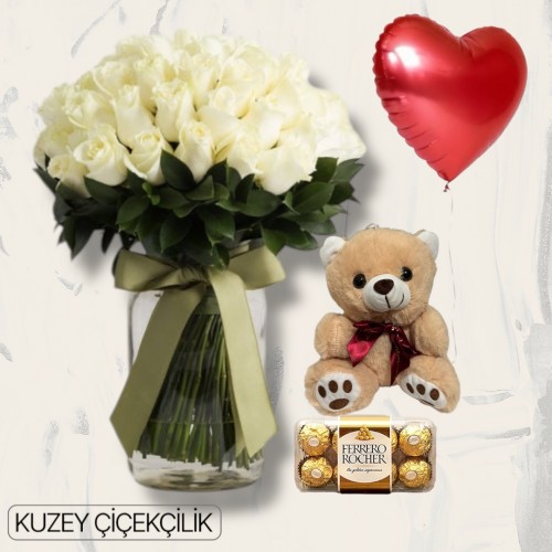 Vazoda 51 Beyaz Gül Ayıcık 16'lı Ferrero Çikolata Kalp Helyum Balon