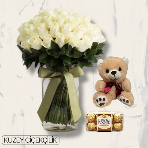 Vazoda 51 Beyaz Gül Ayıcık 16'lı Ferrero Çikolata