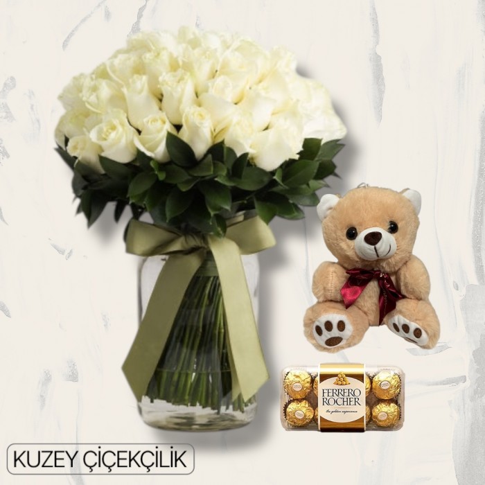 Vazoda 51 Beyaz Gül Ayıcık 16lı Ferrero Çikolata