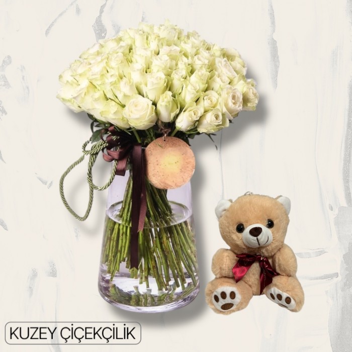 Vazoda 71 Beyaz Gül Ayıcık