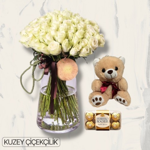 Vazoda 71 Beyaz Gül Ayıcık 16'lı Ferrero Çikolata