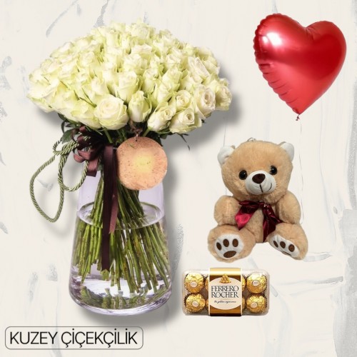 Vazoda 71 Beyaz Gül Ayıcık 16'lı Ferrero Çikolata Kalp Helyum Balon
