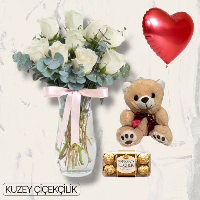 Vazoda 9 Beyaz Gül Ayıcık 16lı Ferrero Çikolata Kalp Helyum Balon