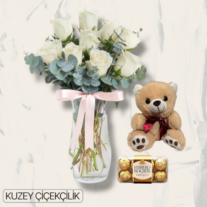 Vazoda 9 Beyaz Gül Ayıcık 16lı Ferrero Çikolata