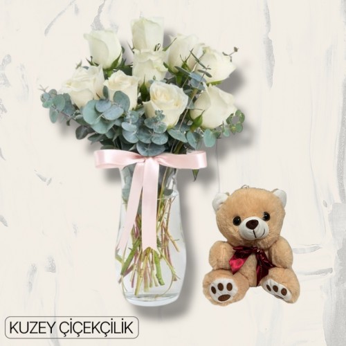 Vazoda 9 Beyaz Gül Ayıcık 