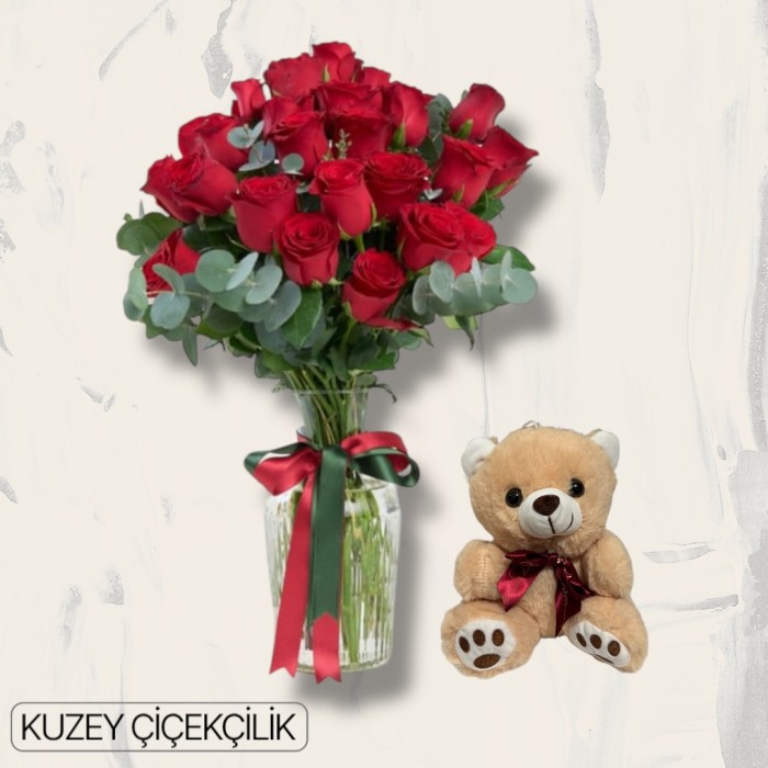 Vazoda 25 Kırmızı Gül Ayıcık