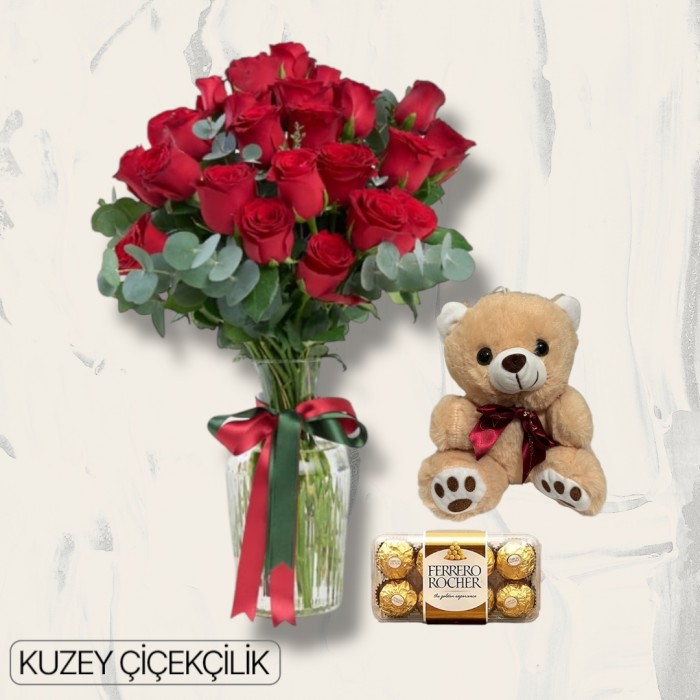Vazoda 25 Kırmızı Gül Ayıcık 16lı Ferrero Çikolata