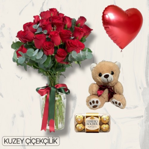 Vazoda 25 Kırmızı Gül Ayıcık 16'lı Ferrero Çikolata Kalp Helyum Balon