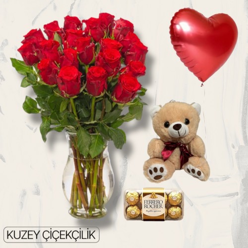 Vazoda 21 Kırmızı Gül Ayıcık 16'lı Ferrero Çikolata Kalp Helyum Balon