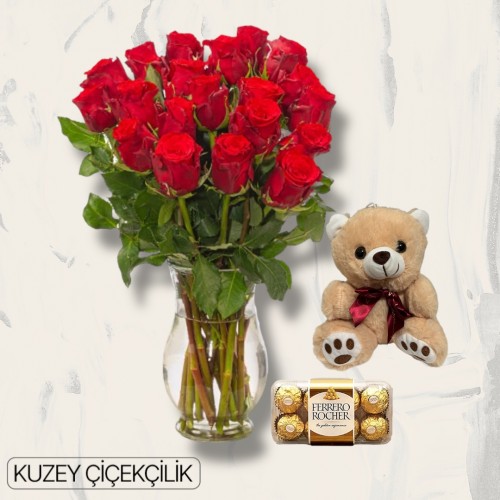 Vazoda 21 Kırmızı Gül Ayıcık 16'lı Ferrero Çikolata