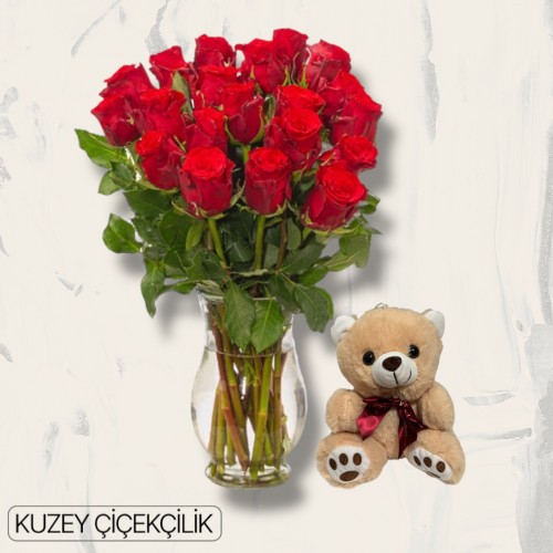 Vazoda 21 Kırmızı Gül Ayıcık