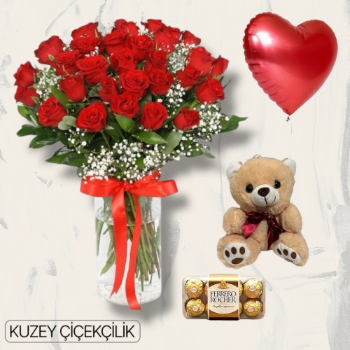 Vazoda 29 Kırmızı Gül Ayıcık 16'lı Ferrero Çikolata Kalp Helyum Balon