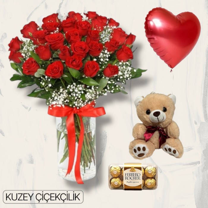 Vazoda 29 Kırmızı Gül Ayıcık 16lı Ferrero Çikolata Kalp Helyum Balon