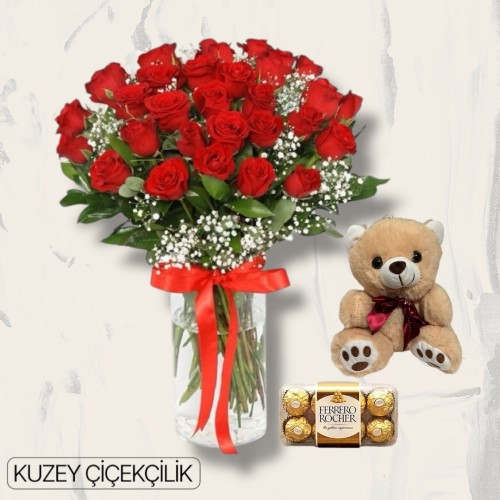 Vazoda 29 Kırmızı Gül Ayıcık 16'lı Ferrero Çikolata