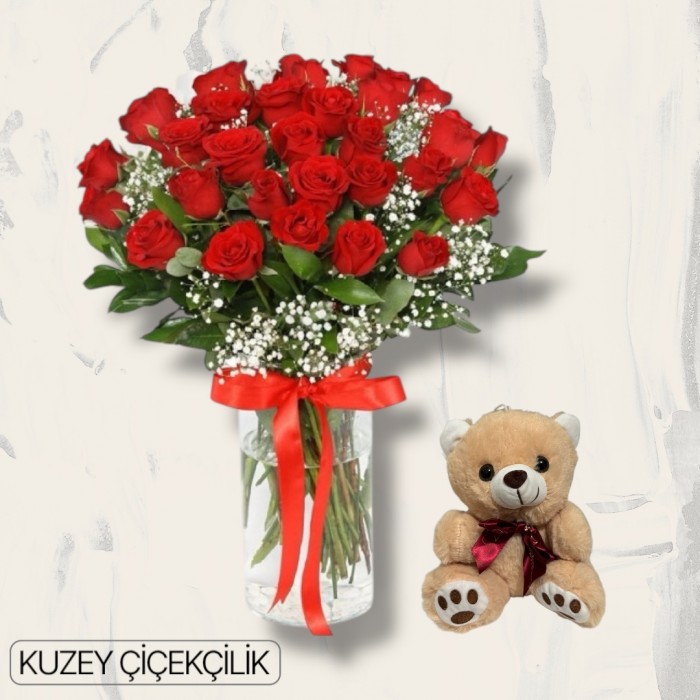 Vazoda 29 Kırmızı Gül Ayıcık