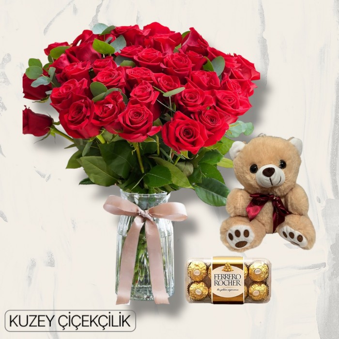 Vazoda 33 Kırmızı Gül Ayıcık 16lı Ferrero Çikolata