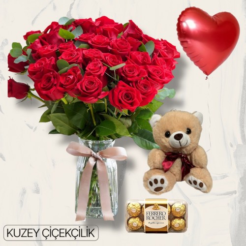 Vazoda 33 Kırmızı Gül Ayıcık 16'lı Ferrero Çikolata Kalp Helyum Balon