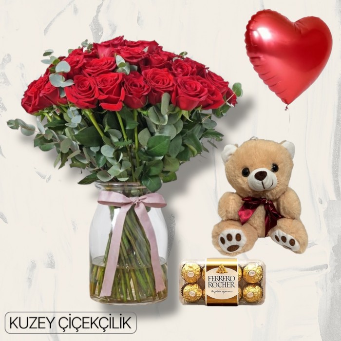 Vazoda 41 Kırmızı Gül Ayıcık 16lı Ferrero Çikolata Kalp Helyum Balon